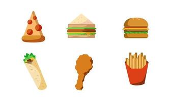 illustrazione di una serie di fast food, pizza, hamburger, kebab, patatine fritte, pollo fritto, sandwich