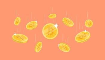 monete bitcoin che volano su sfondo arancione. banner di concetto di criptovaluta bitcoin. vettore