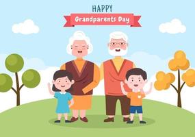 felice giorno dei nonni simpatico cartone animato illustrazione con nipote, coppia di anziani, decorazione floreale, nonno e nonna in stile piatto per poster o biglietto di auguri vettore