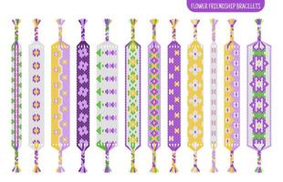 braccialetti dell'amicizia fatti a mano con fiori viola set di fili o perline. tutorial sul modello normale macramè. vettore