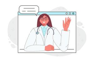 consulenza medica online, conferenza, terapia a distanza e concetto di assistenza sanitaria. medico donna sorridente che parla con il paziente tramite videochiamata. consulente medico di famiglia con stetoscopio sullo schermo del laptop vettore