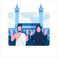 la donna e l'uomo musulmano pregano a kabaa al concetto di illustrazione della religione islamica del pellegrinaggio di hajj vettore
