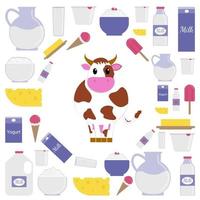 un insieme di prodotti lattiero-caseari con l'immagine di una mucca. prodotti lattiero-caseari, compresi formaggio, ricotta, panna acida, yogurt, gelato e burro. piatto. illustrazione vettoriale