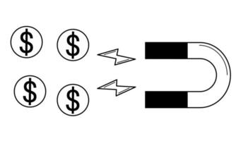 magnete disegnato a mano che attira denaro. immagine astratta di raccogliere fondi, investire. schizzo di scarabocchio. illustrazione vettoriale