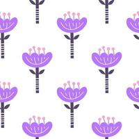 modello senza cuciture bianco con fiori viola doodle in stile arte popolare scandinava. vettore