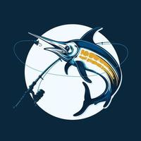 marlin blu che salta sull'esca per la cattura dell'acqua. illustrazione delle attività di pesca
