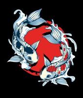 illustrazione dettagliata del disegno a mano di due pesci koi che nuotano tra le onde con uno sfondo di cerchio rosso. vettore