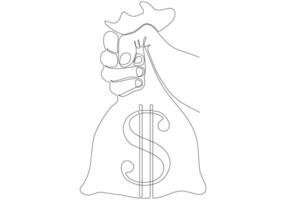 mano a linea continua che tiene un sacco di banconote da un dollaro, disegno di illustrazione vettoriale. raccolta a mano. vettore