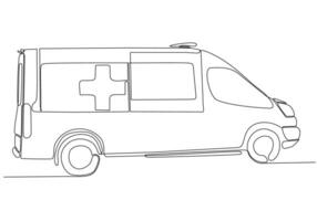 disegno a linea singola del veicolo dell'ambulanza ospedaliera per salvare il paziente critico. 911 concetto minimalista isolato. illustrazione dinamica di una linea di disegno grafico vettoriale su sfondo bianco