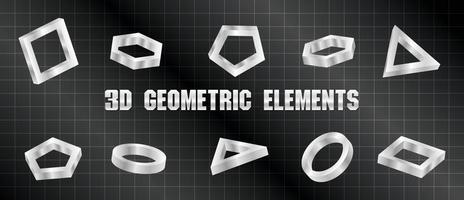 Cool elementi geometrici cromati 3d illustrazione vettore su sfondo griglia nera