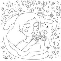 doodle pagina da colorare per adulti e bambini. carino cartone animato donna che beve il tè. gatto divertente kawaii. forme geometriche astratte e fiori. libro da colorare antistress. illustrazione di contorno in bianco e nero. vettore