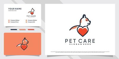 simpatico gatto logo design con elemento cuore e modello di biglietto da visita vettore premium