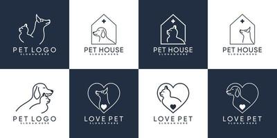 set di design del logo di cane e gatto con stile art linea e vettore premium elemento creativo