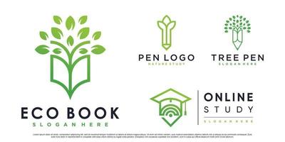 set di illustrazione del design del logo di educazione ecologica con vettore premium di concetto di libro e penna