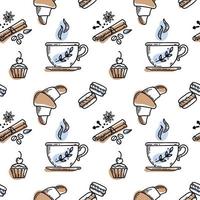 modello di tè o caffè in stile schizzo disegnato a mano di vettore. tazza, spezie e chicchi di caffè, amaretti, torta, croissant vettore