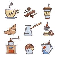 set da caffè colorato disegnato a mano. illustrazione dello schizzo vettoriale con tazza, cezve, spezie, macinacaffè, croissant e altri dessert