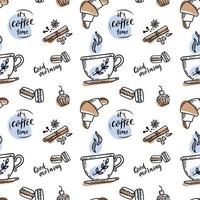 stile di schizzo disegnato a mano di vettore o modello di caffè con segno di iscrizione. è l'ora del caffè tazza di caffè, spezie e chicchi di caffè, amaretti, torta, croissant