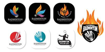 vettore icona logo badminton, giocatore sportivo, utilizzando racchetta, concetto retrò premium