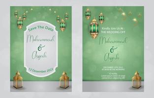 bellissimo invito a nozze islamico con ornamento vintage lanterna e sfondo verde