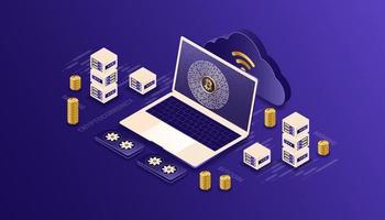 criptovaluta, bitcoin, blockchain, mining, tecnologia, internet iot isometrica 3d illustrazione disegno vettoriale