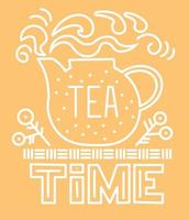 tea time happy time doodle illustrazione vettore di colore pastello su sfondo giallo illustrazione vettoriale.