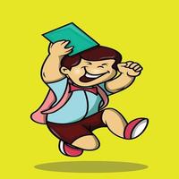studente di scuola carino cartone animato che salta felicemente tenendo un libro a scuola vettore