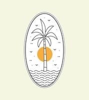 spiaggia e alberi di cocco in arte al tratto mono, design con badge patch, design con stemma, design con t-shirt vettore
