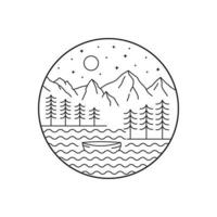 una veduta di montagne e laghi e piccole imbarcazioni in mono line art per badge, stemma, t-shirt e altri usi vettore