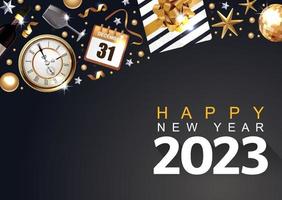 nuovo-felice anno nuovo 2023. metallo di lusso dorato. oggetti 3d realistici. decorazione festosa realistica. celebrare la festa 2023, poster web, banner, copertina, brochure, volantino. sfondo nero vettore