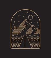 illustrazione del paesaggio sotto forma di montagne e strade in mono line art, design badge patch, design emblema, design t-shirt vettore