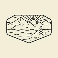 campo di paesaggio di montagna e lago in arte al tratto mono, illustrazione grafica pin patch badge, design t-shirt arte vettoriale
