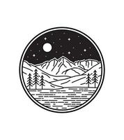 colorado landscape at night in mono line art, design patch badge, design emblema, design t-shirt vettore