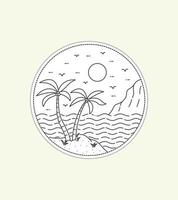 palma sulla spiaggia con scogliere in mono line art, design patch badge, design emblema, design t-shirt vettore