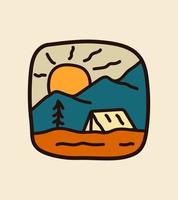 design di design di montagna e tende da campeggio per il design di t-shirt, design di t-shirt, design di badge con emblema patch vettore