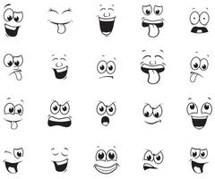 facce da cartone animato. occhi e bocca espressivi, espressioni del viso di personaggi sorridenti, piangenti e sorpresi. emozioni comiche caricatura o doodle di emoticon. set di icone di illustrazione vettoriale isolato