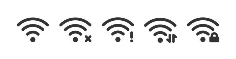 set di icone wi-fi: blocco, trasmissione dati, errore di rete. icone di stato del segnale wifi. segnale di connessione internet wireless. illustrazione vettoriale isolato su sfondo bianco
