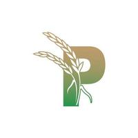 lettera p con modello di illustrazione dell'icona della pianta di riso vettore