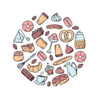 elementi vettoriali di snack dolci e pasticcini, piatti di caffè. ottimo per decorare bar e menu. stile icona doodle