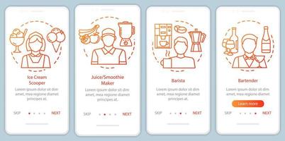 bar, fast food lavoro part-time arancione onboarding modello vettoriale dello schermo della pagina dell'app mobile. procedura dettagliata del sito Web con illustrazioni lineari. ux, ui, gui concetto di interfaccia per smartphone