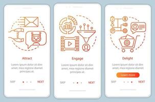 metodo di marketing in entrata per i clienti modello vettoriale dello schermo della pagina dell'app mobile di onboarding arancione. delizia i passaggi del sito Web con illustrazioni lineari. ux, ui, gui concetto di interfaccia per smartphone