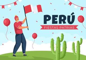 felices fiestas patrias o illustrazione del fumetto di festa dell'indipendenza peruviana con bandiera e persone carine per la festa nazionale del Perù celebrazione il 28 luglio in uno sfondo di stile piatto vettore