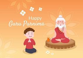 felice guru purnima del festival indiano agli insegnanti spirituali e accademici nell'illustrazione piana del fondo del fiore del fumetto vettore