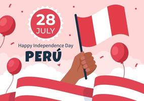felices fiestas patrias o festa dell'indipendenza peruviana simpatico cartone animato illustrazione con bandiera per la festa nazionale del Perù celebrazione il 28 luglio in stile piatto sfondo