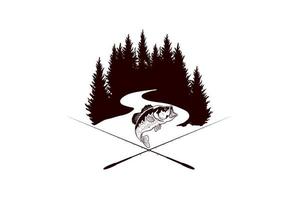 salmone carpa spigola con pini conifera albero sempreverde per il design del logo dell'emblema della pesca del pescatore del torrente del fiume della foresta vettore