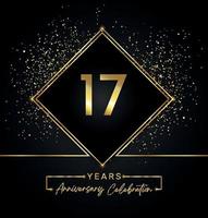 Celebrazione dell'anniversario di 17 anni con cornice dorata e glitter dorati su sfondo nero. disegno vettoriale per biglietto di auguri, festa di compleanno, matrimonio, festa evento, invito. Logo dell'anniversario di 17 anni.