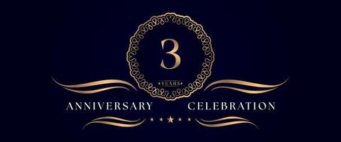 Celebrazione dell'anniversario di 3 anni con elegante cornice circolare isolata su sfondo blu scuro. disegno vettoriale per biglietto di auguri, festa di compleanno, matrimonio, festa evento, cerimonia. Logo dell'anniversario di 3 anni.