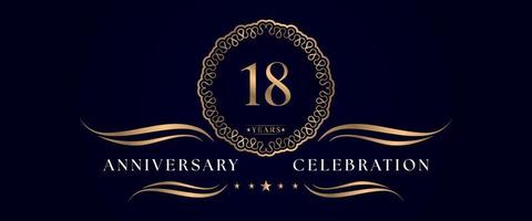 Celebrazione dell'anniversario di 18 anni con elegante cornice circolare isolata su sfondo blu scuro. disegno vettoriale per biglietto di auguri, festa di compleanno, matrimonio, festa evento, cerimonia. Logo dell'anniversario di 18 anni.