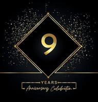 Celebrazione dell'anniversario di 9 anni con cornice dorata e glitter dorati su sfondo nero. disegno vettoriale per biglietto di auguri, festa di compleanno, matrimonio, festa evento, invito. Logo dell'anniversario di 9 anni.