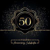 Celebrazione dell'anniversario di 50 anni con cornice a stella dorata isolata su sfondo nero. disegno vettoriale per biglietto di auguri, festa di compleanno, matrimonio, festa evento, biglietto d'invito. Logo dell'anniversario di 50 anni.