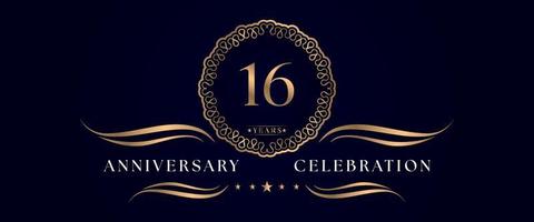 Celebrazione dell'anniversario di 16 anni con elegante cornice circolare isolata su sfondo blu scuro. disegno vettoriale per biglietto di auguri, festa di compleanno, matrimonio, festa evento, cerimonia. Logo dell'anniversario di 16 anni.